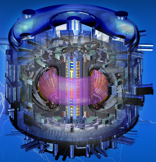 Cutaway rendering of a tokamak fusion reactor with the toroidal plasma chamber and surrounding magnetic-confinement coils.